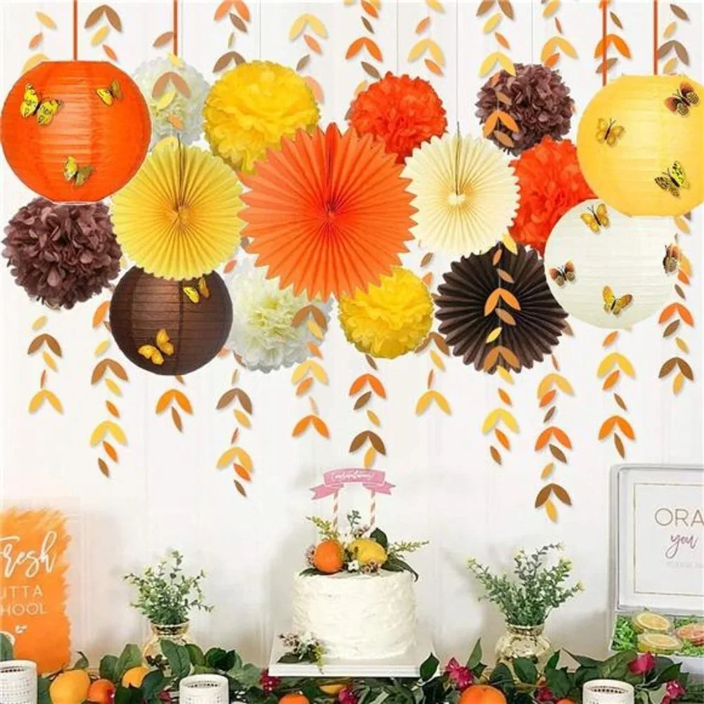 Pom Pom with 3D Butterfly Autumn Leaves Garland for Thanksgiving Party Supplies